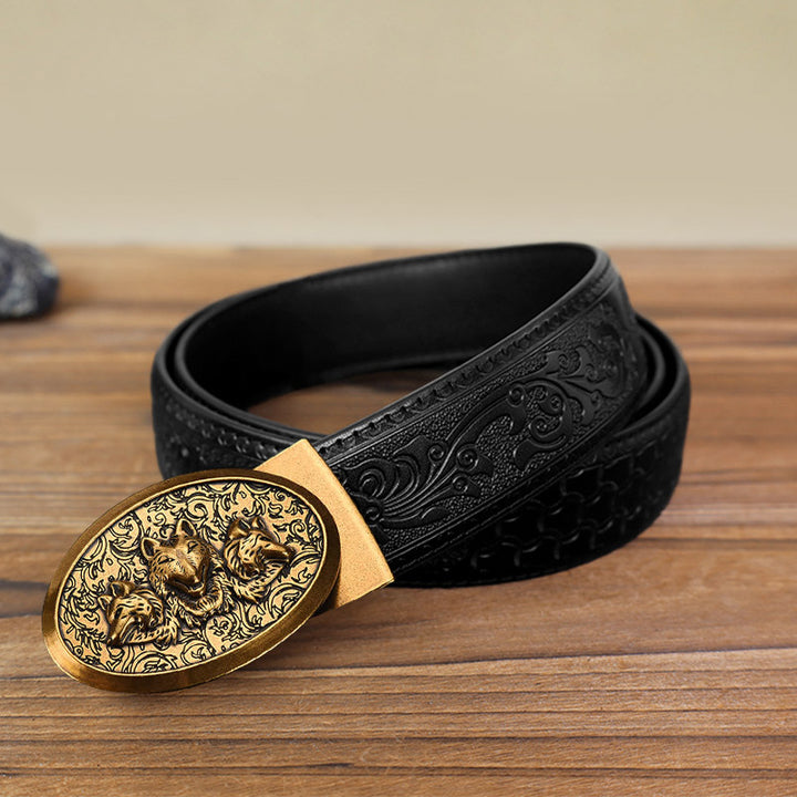 Men's DIY Hungry Wolves Automatic Buckle Leather Belt