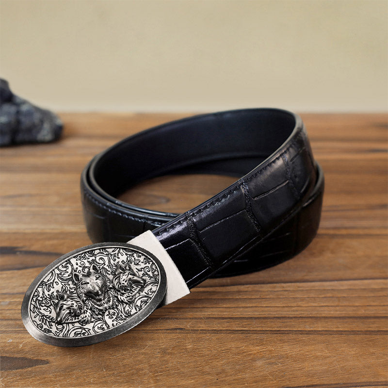 Men's DIY Hungry Wolves Automatic Buckle Leather Belt