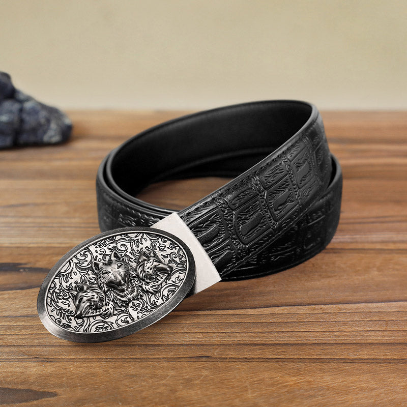 Men's DIY Hungry Wolves Automatic Buckle Leather Belt