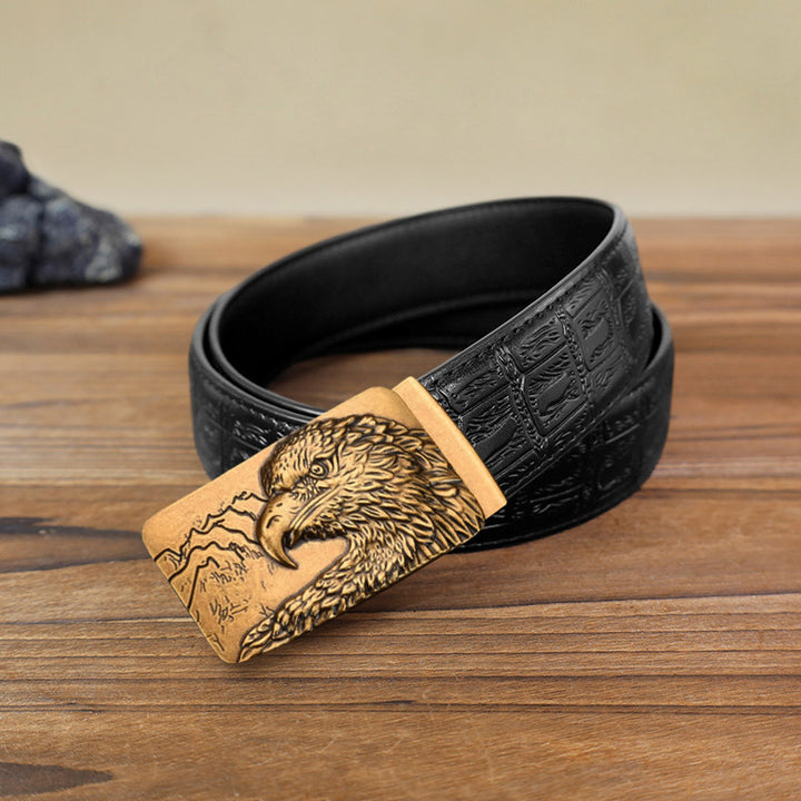 Men's DIY Carved Eagle Head Automatic Buckle Leather Belt