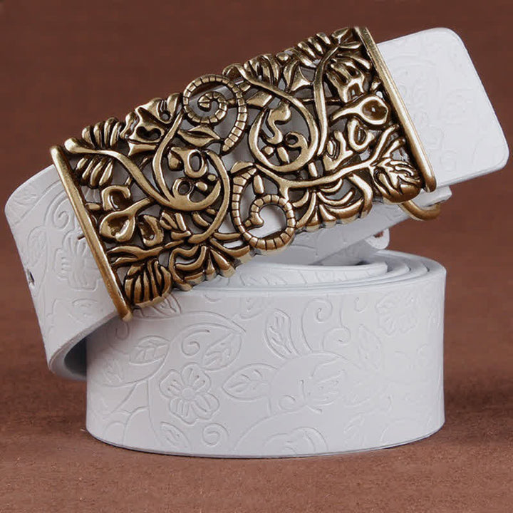 Women's Retro Embossed Hollow Flower Buckle Leather Belt