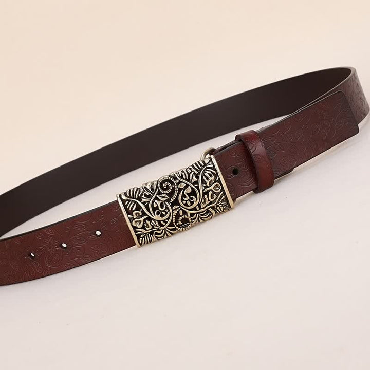 Women's Retro Embossed Hollow Flower Buckle Leather Belt