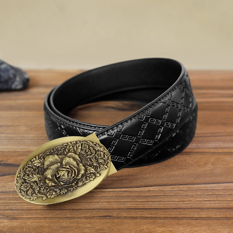 Men's DIY 3D Craved Flowers Automatic Buckle Leather Belt