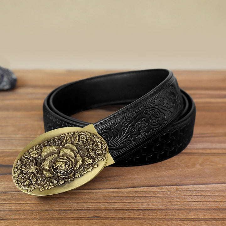 Men's DIY 3D Craved Flowers Automatic Buckle Leather Belt