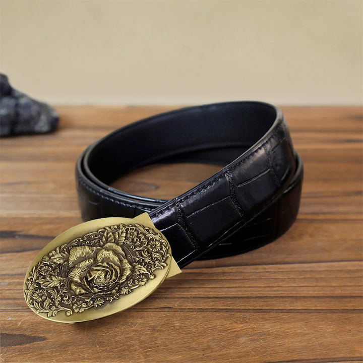 Men's DIY 3D Craved Flowers Automatic Buckle Leather Belt