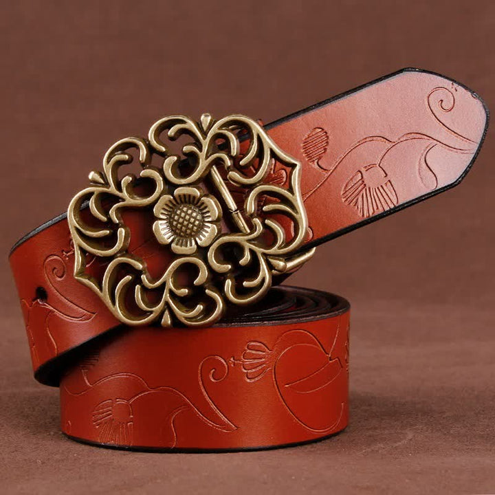 Women's Vintage Flower Hollow Buckle Embossed Leather Belt