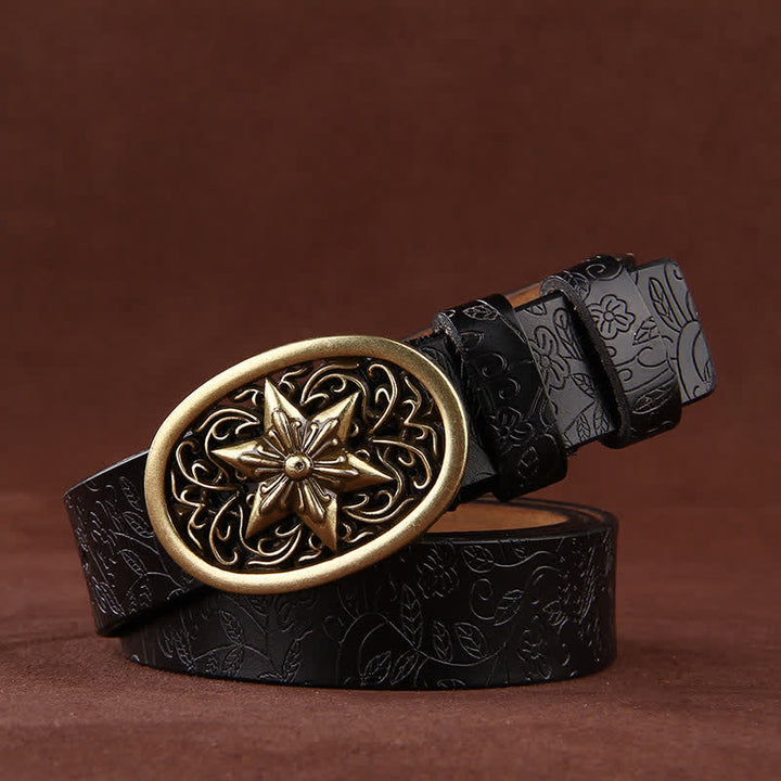 Women's Flower Embossing Five-Pointed Star Buckle Leather Belt