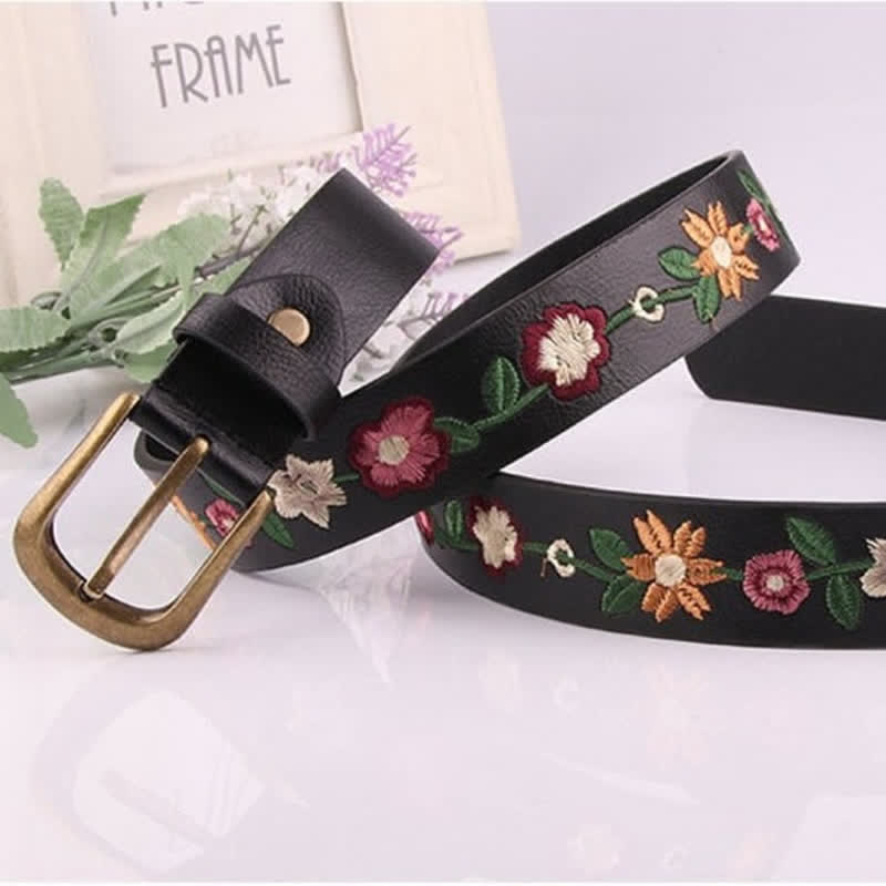 Women's Colorful Rose Embroidery Boho Leather Belt