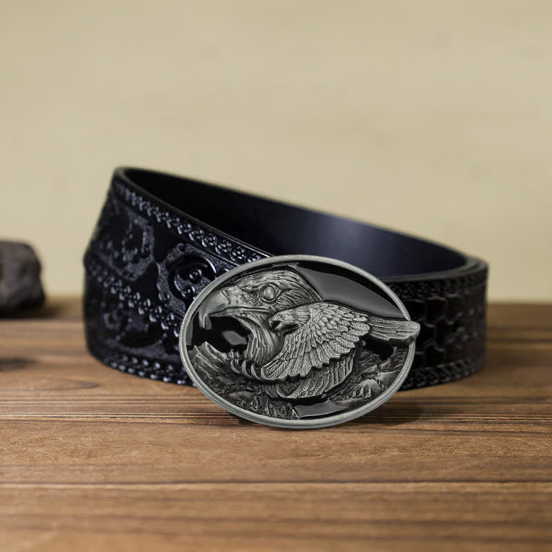 Men's DIY Double Eagle Embossed Buckle Leather Belt