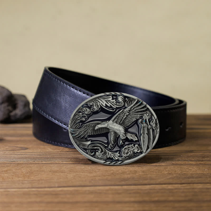 Men's DIY Eagle Leaf Enameled Oval Buckle Leather Belt