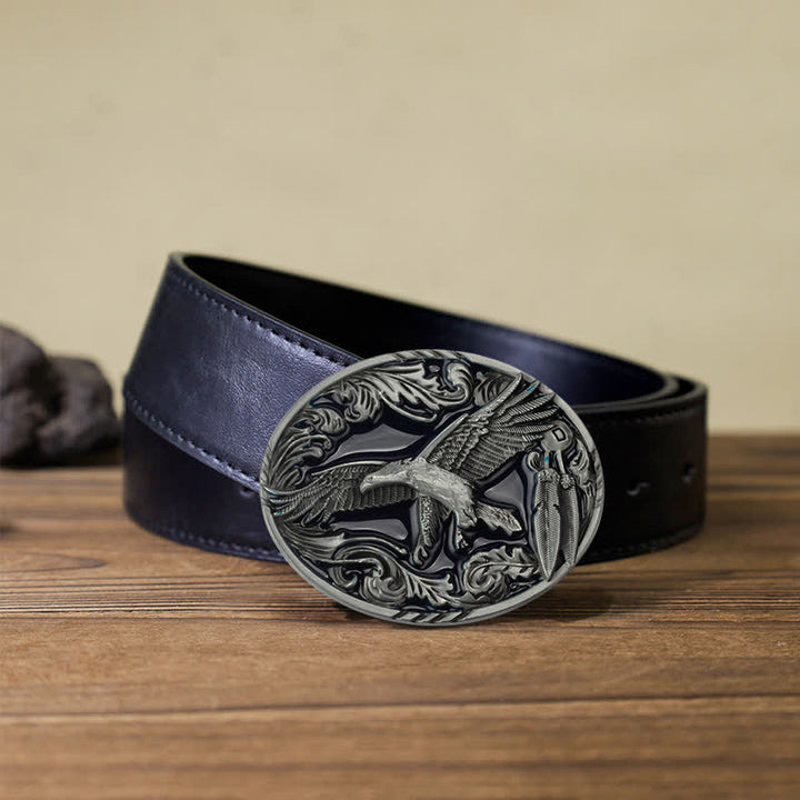 Men's DIY Eagle Leaf Enameled Oval Buckle Leather Belt