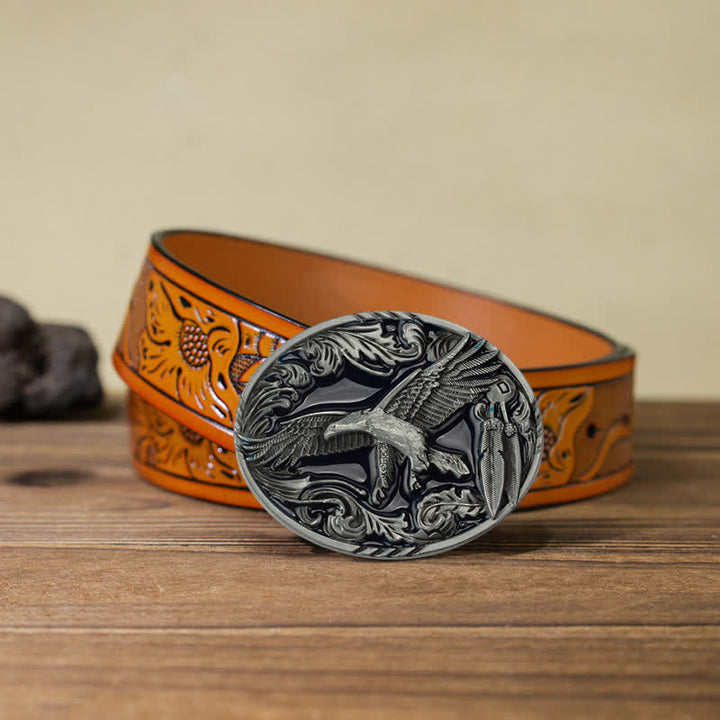 Men's DIY Eagle Leaf Enameled Oval Buckle Leather Belt