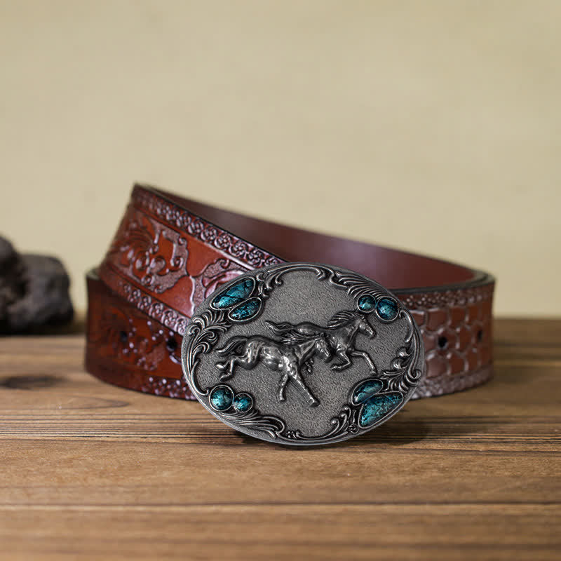 Men's DIY Running Horses Turquoise Bead Buckle Leather Belt