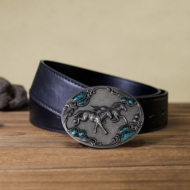 Men's DIY Running Horses Turquoise Bead Buckle Leather Belt