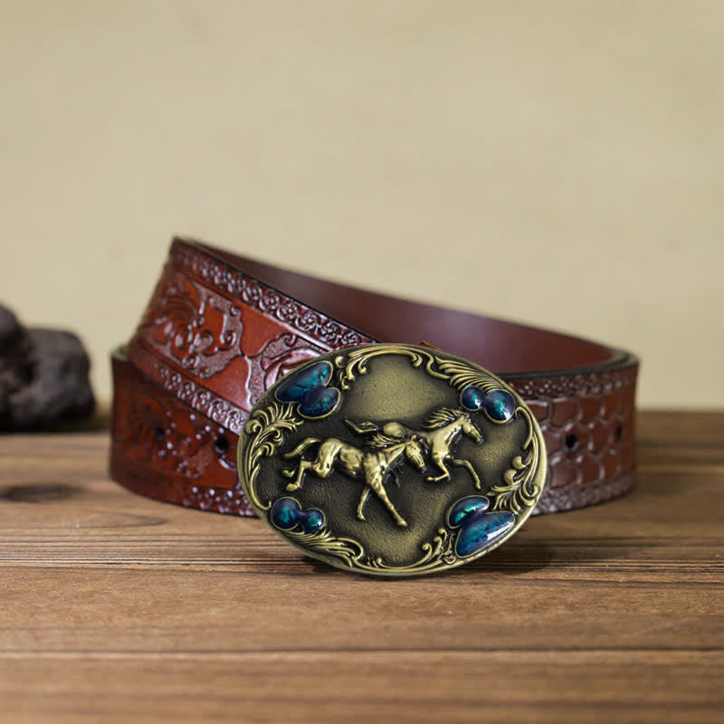 Men's DIY Running Horses Turquoise Bead Buckle Leather Belt