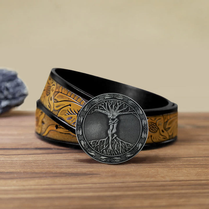 Men's DIY Tree Of Life Ash Elm Buckle Leather Belt