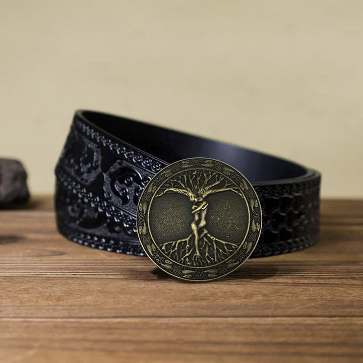 Men's DIY Tree Of Life Ash Elm Buckle Leather Belt