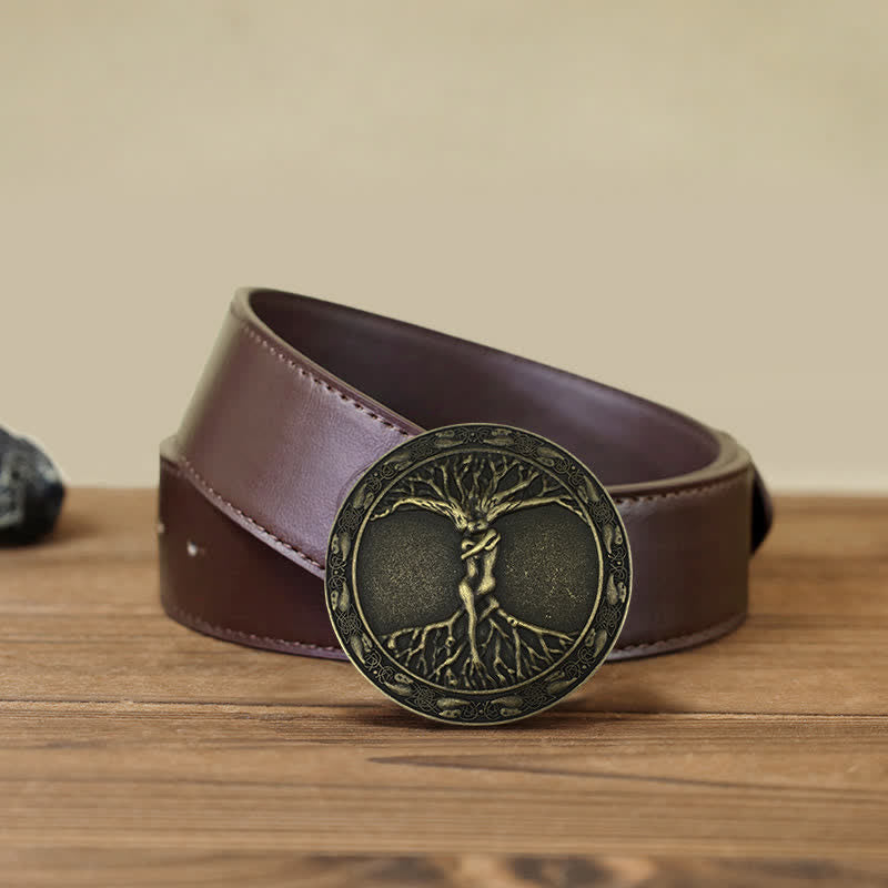 Men's DIY Tree Of Life Ash Elm Buckle Leather Belt