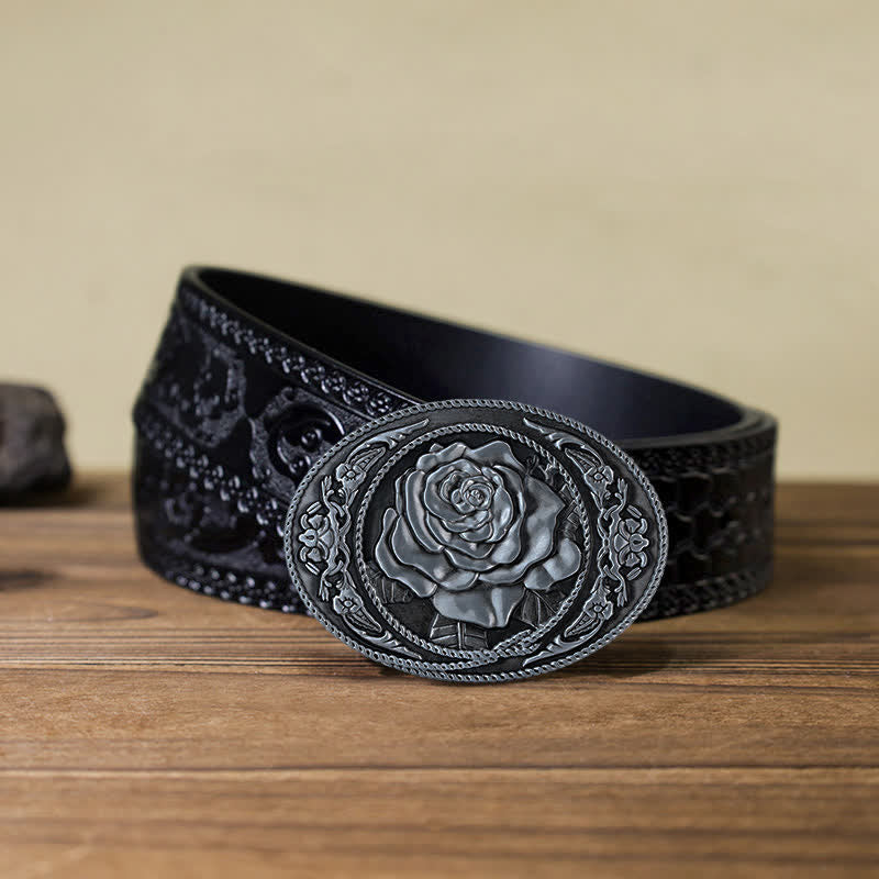 Men's DIY Trendy Western Rose Buckle Leather Belt