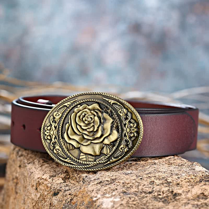 Men's DIY Trendy Western Rose Buckle Leather Belt