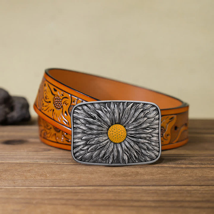 Men's DIY Lovely Daisy Western Buckle Leather Belt