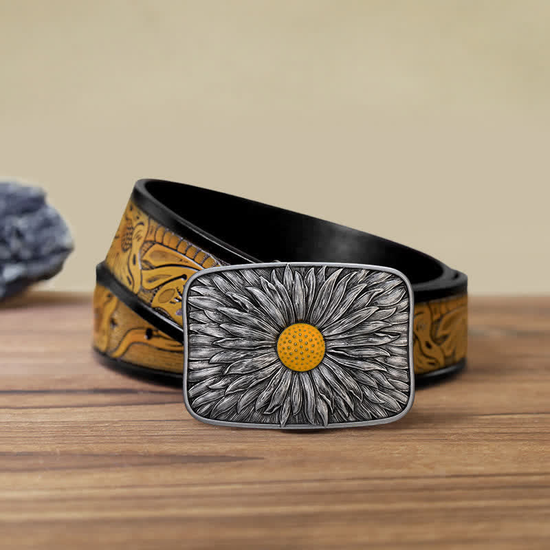 Men's DIY Lovely Daisy Western Buckle Leather Belt