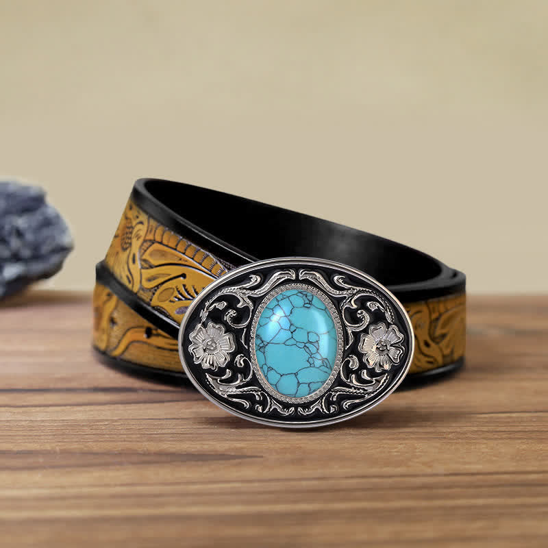 Men's DIY Turquoise Stone Western Buckle Leather Belt