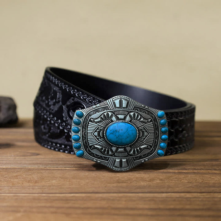 Men's DIY Artificial Turquoise Bohemia Buckle Leather Belt