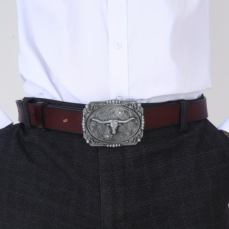 Men's DIY Longhorn Bull Head Buckle Leather Belt