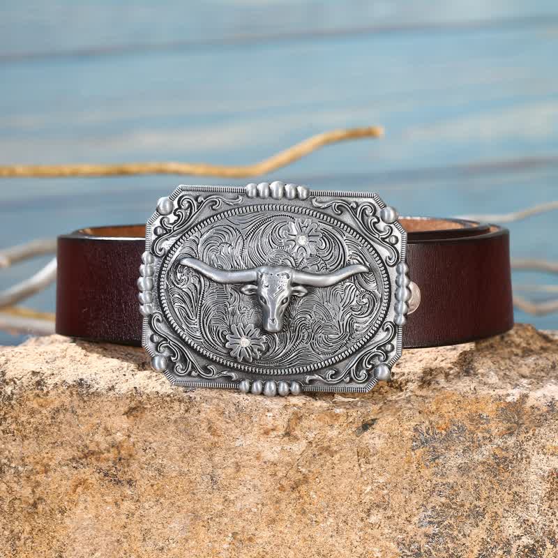 Men's DIY Longhorn Bull Head Buckle Leather Belt