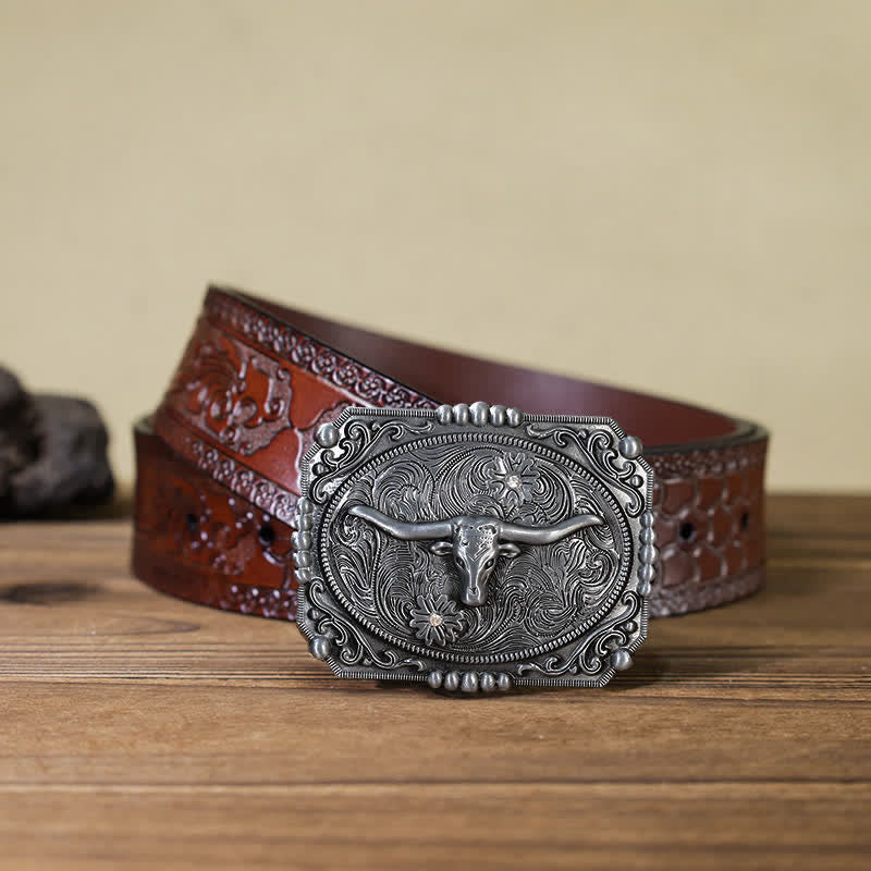 Men's DIY Longhorn Bull Head Buckle Leather Belt