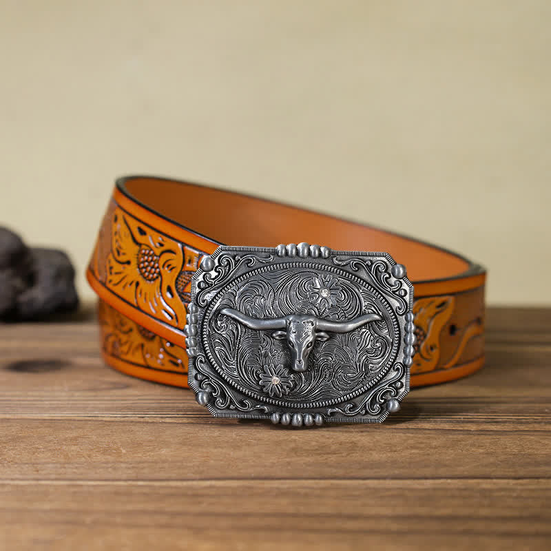 Men's DIY Longhorn Bull Head Buckle Leather Belt