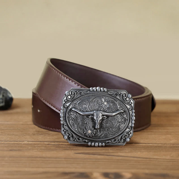 Men's DIY Longhorn Bull Head Buckle Leather Belt