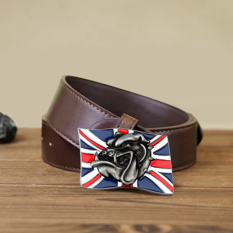 Men's DIY British Flag Bulldog Head Buckle Leather Belt