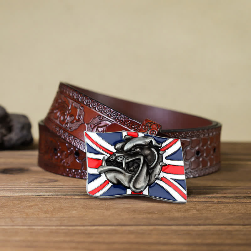 Men's DIY British Flag Bulldog Head Buckle Leather Belt