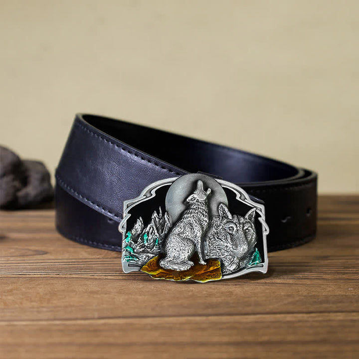 Men's DIY Two Wolves Forest Buckle Leather Belt