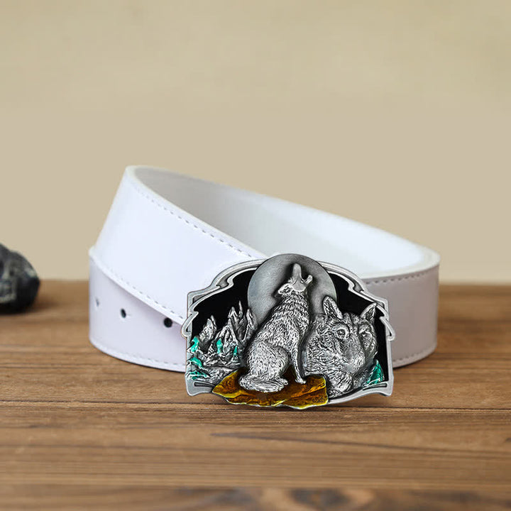 Men's DIY Two Wolves Forest Buckle Leather Belt