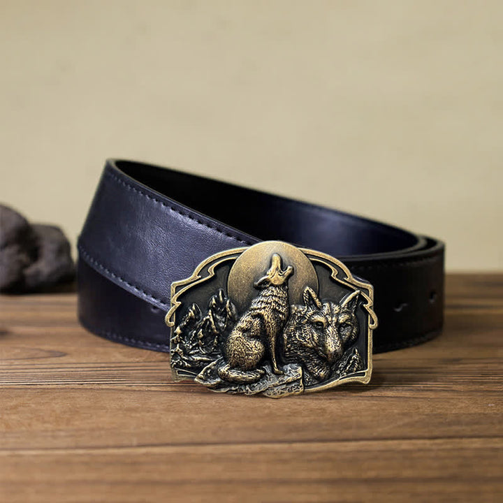 Men's DIY Two Wolves Forest Buckle Leather Belt