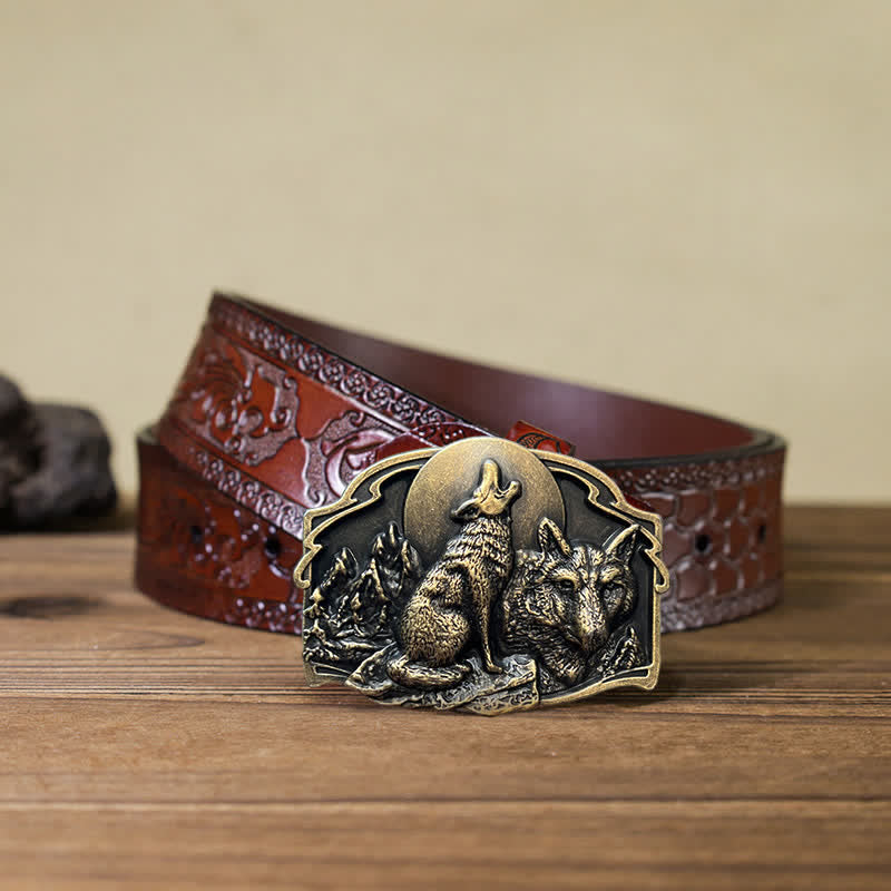 Men's DIY Two Wolves Forest Buckle Leather Belt