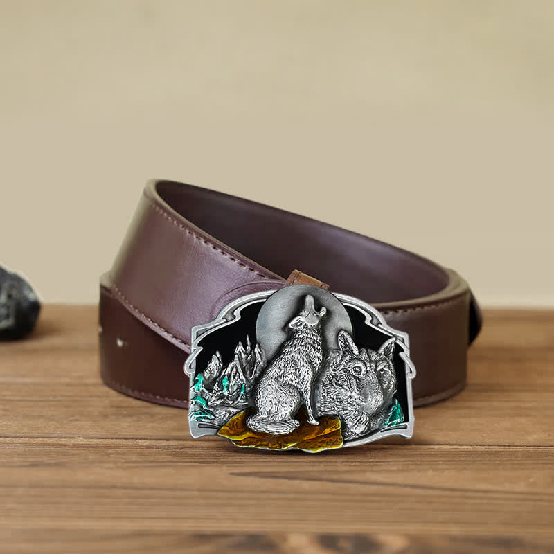 Men's DIY Two Wolves Forest Buckle Leather Belt