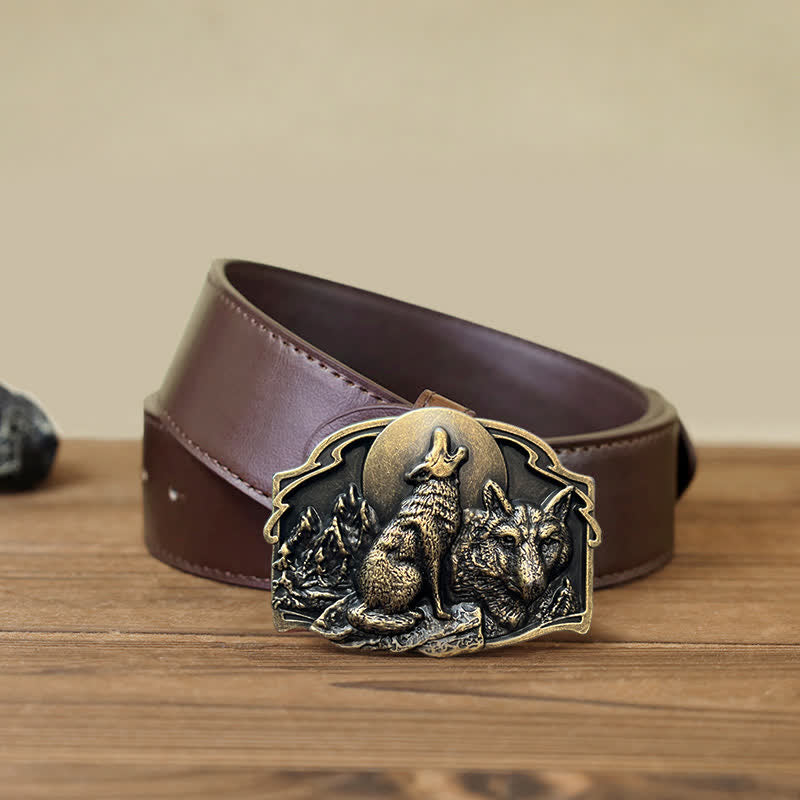 Men's DIY Two Wolves Forest Buckle Leather Belt