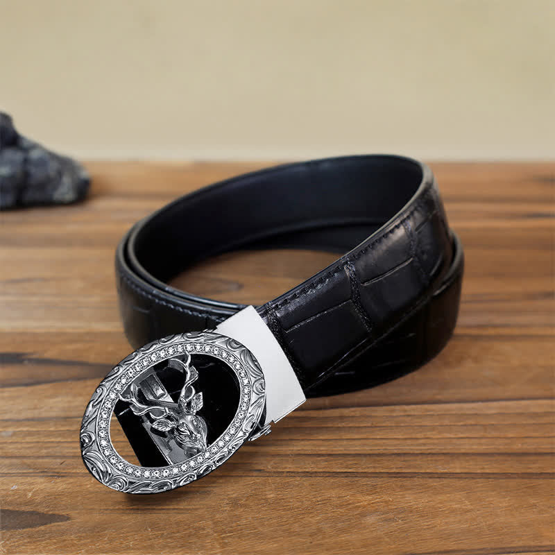 Men's DIY Rhinestone Deer Automatic Buckle Leather Belt