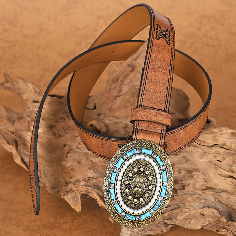 Women's Turquoise Pearl Boho Medallion Buckle Leather Belt