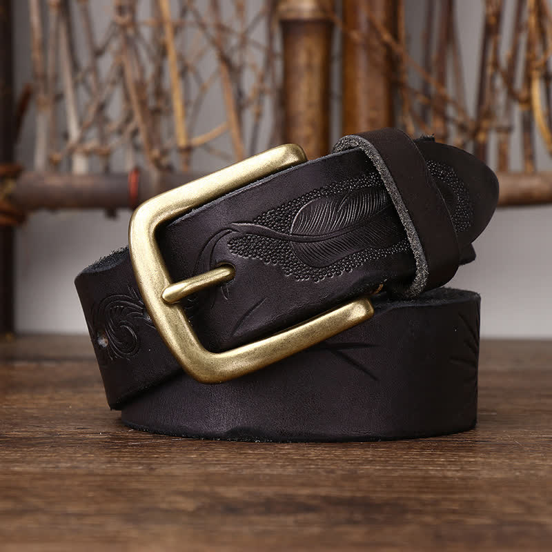 Men's Embossed Feather Pattern Pure Leather Belt