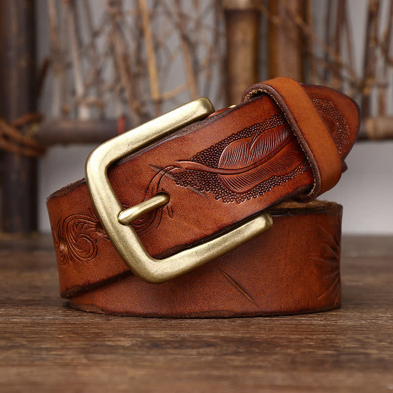 Men's Embossed Feather Pattern Pure Leather Belt