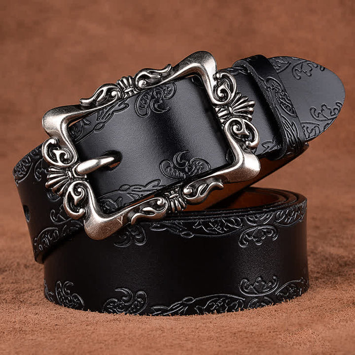 Women's Elegant Carved Flower Buckle Leather Belt