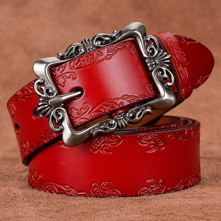 Women's Elegant Carved Flower Buckle Leather Belt