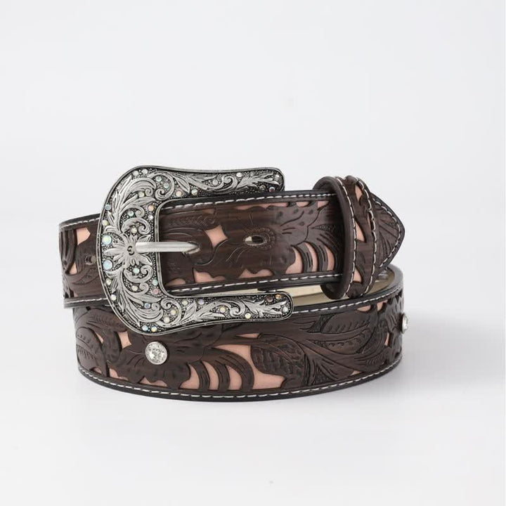 Women's Embossed Flower Rhinestone Coffee Leather Belt