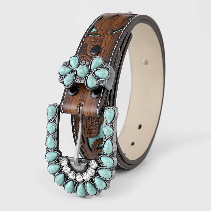 Women's Turquoise Embossed Flower Western Leather Belt