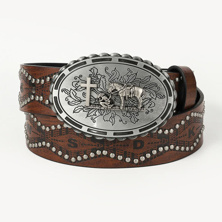 Women's Prayer Buckle Rivet Studded Leather Belt